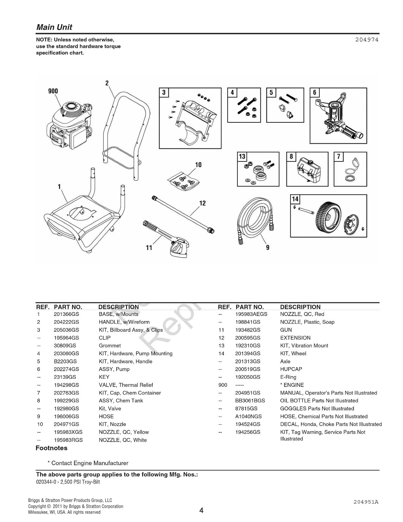 Troy-bilt Pressure Washer 020344-0 Parts 1-888-279-9274